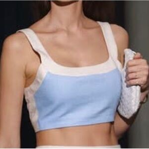 Avec Les Filles Linen Blend Crop Top In Ice Blue w/contrasting White Stripes L